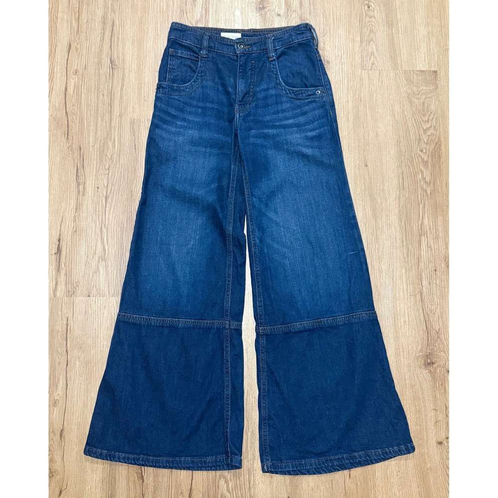Anthropologie Pilcro Castaway High Rise Wide Leg Jeans Dark Blue Denim Size 25P